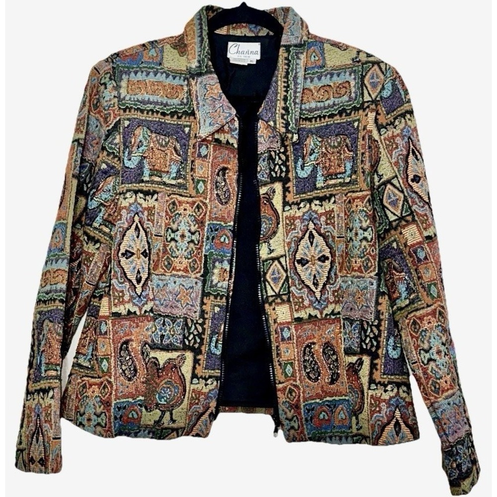 Vintage Channa Womens XL Beaded‎ Paisley Boho Hippie Zip-up Multicolored Jacket